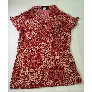JKLA California Red Beige Medallion Print Faux Wrap Blouse Top L‎ Made in USA